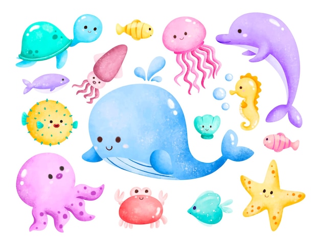 Aquarell Illustration Set von Meerestieren