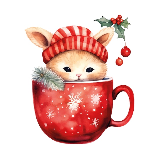 Aquarell-Illustration süße Katze in einer Tasse Kaffee und Tee für den Weihnachtstag