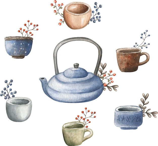 Aquarell illustration tea party set