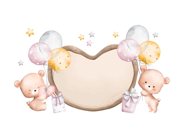 Aquarell-Illustration Teddybär und Holzbrett mit Ballons