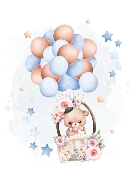 Vektor aquarell-illustration teddybär und luftballons mit sternen