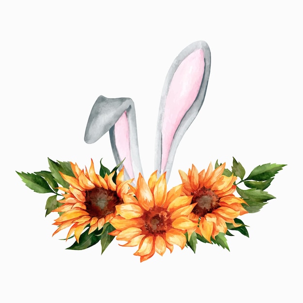 Aquarell-Illustration von Kaninchenohren Kaninchen mit einem hellen Blumenstrauß aus Sonnenblumen