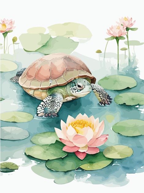 Aquarell-Illustration von Schildkröte und Lotus