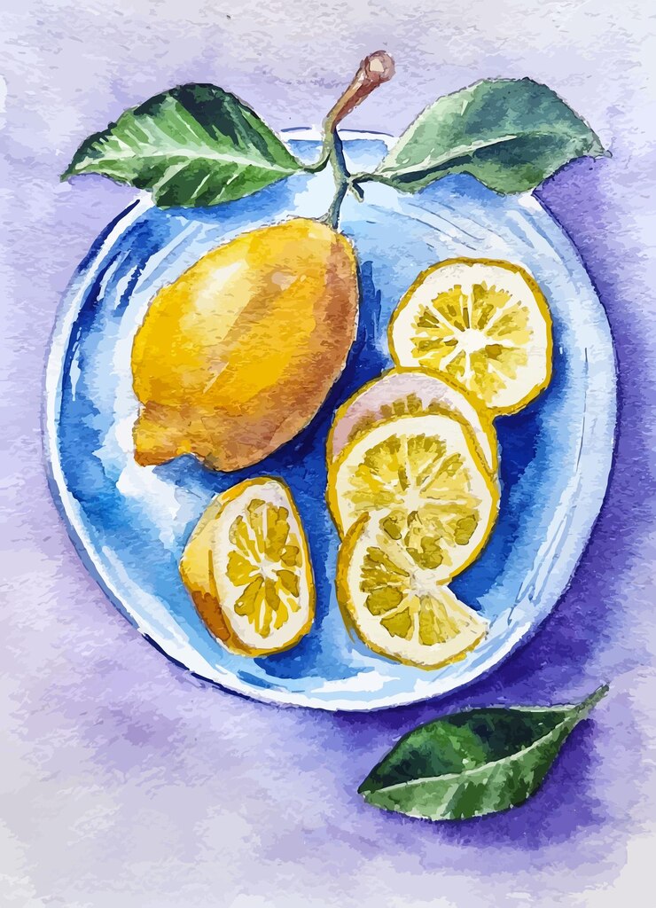 Vektor aquarell-illustration von zitronen auf einem blauen teller, handgezeichnetes stillleben