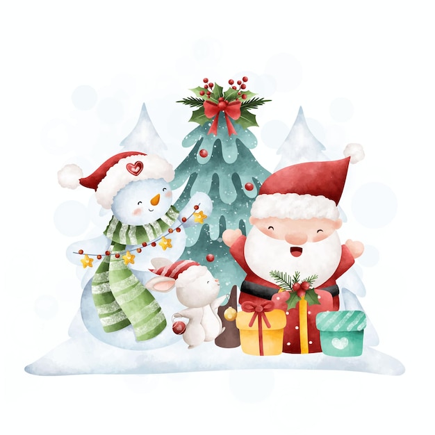 Aquarell-Illustration Weihnachtskarte mit Weihnachtsmann-Schneemann-Geschenk und Weihnachtsbaum
