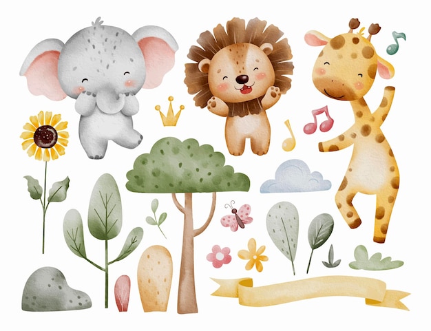 Aquarell-Illustrationssatz mit glücklichen Safari-Tieren und Naturelementen