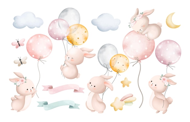 Aquarell-Illustrationssatz mit niedlichen Kaninchen und Ballons mit Himmelselementen