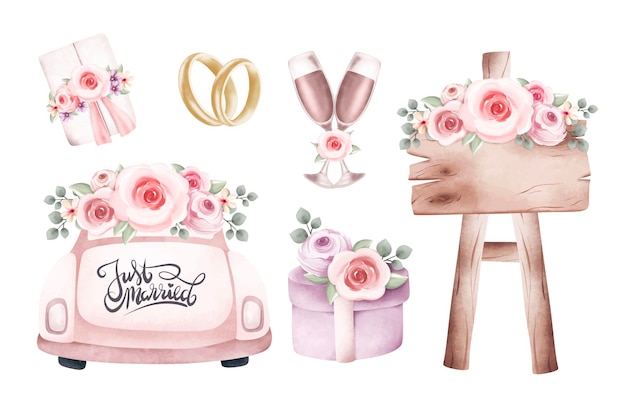 Aquarell-Illustrationssatz von Vintage-Hochzeitselementen