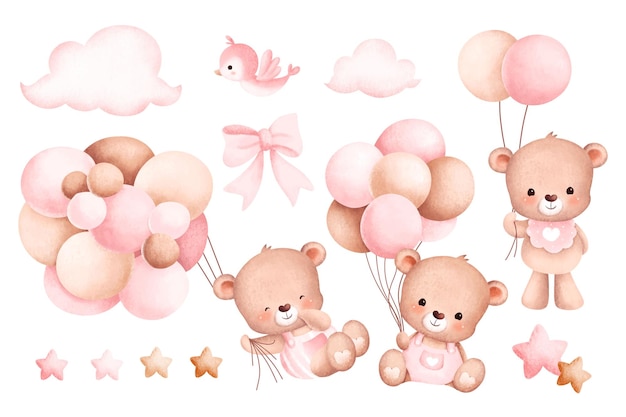 Aquarell-Illustrationsset aus Babybär und Luftballons