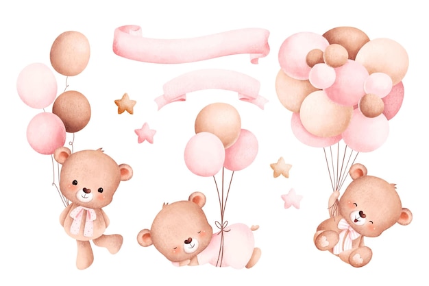 Aquarell-illustrationsset aus babybär und luftballons