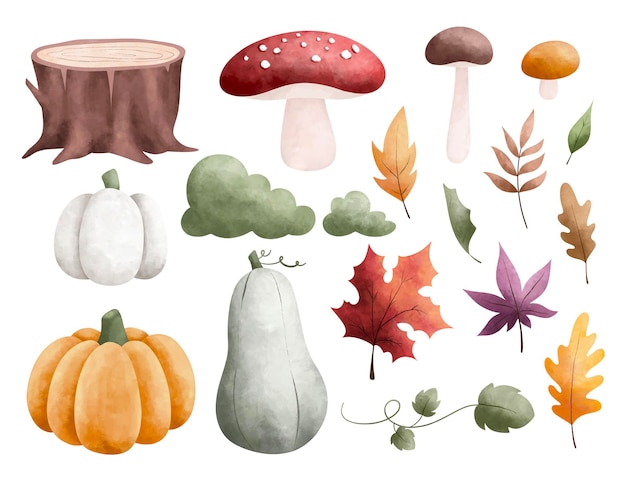 Aquarell-Illustrationsset aus Kürbispilzen und Herbstblättern