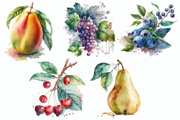 Aquarell-illustrationsset mit süßem fruchtcharakter handgezeichnete illustration isoliert auf weißem hintergrund im boho-stil