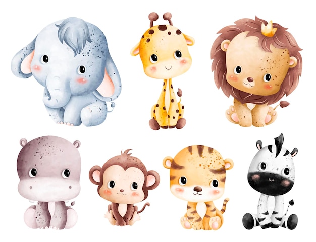 Aquarell-Illustrationsset von niedlichen Tierbabys