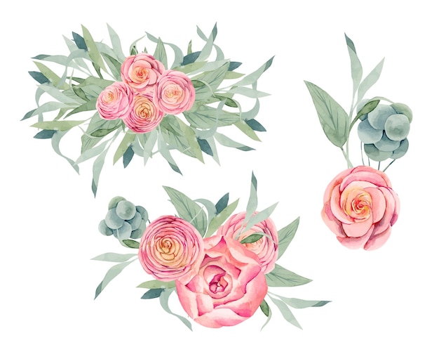 Aquarell isolierte Blumensträuße von rosa Pfingstrosen und Rosen, grünen Blättern und Zweigen