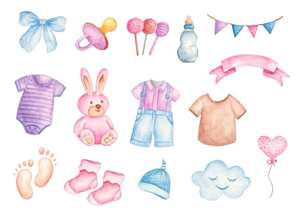 Aquarell Jungen Spielzeug Baby Dusche Vektor-Set