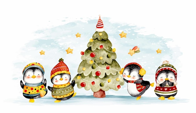 Aquarell kleiner Pinguin und Weihnachtsbaum