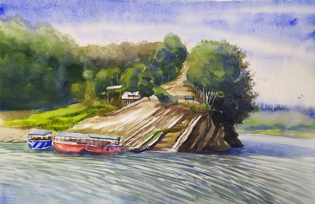 Aquarell landschaft fluss, boote, bergbäume schöne natur handgezeichnete illustration