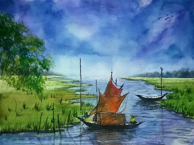 Vektor aquarell landschaft handgezeichnete malerei fluss mit bootsillustration