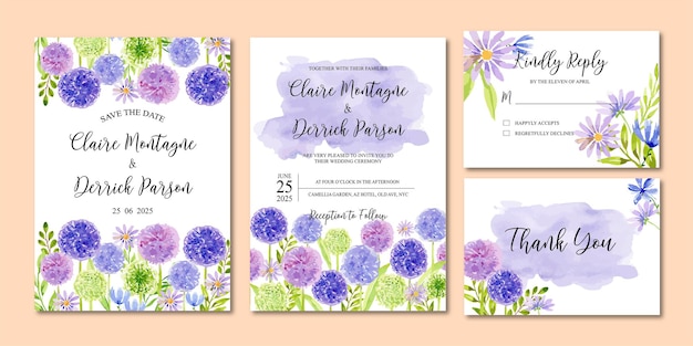 Vektor aquarell lila allium blumenhochzeitseinladungs-vorlagen-set