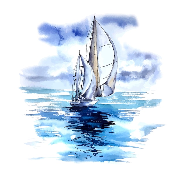 Vektor aquarell-meerblick-yacht-illustration, regata-seeszene, segelboot