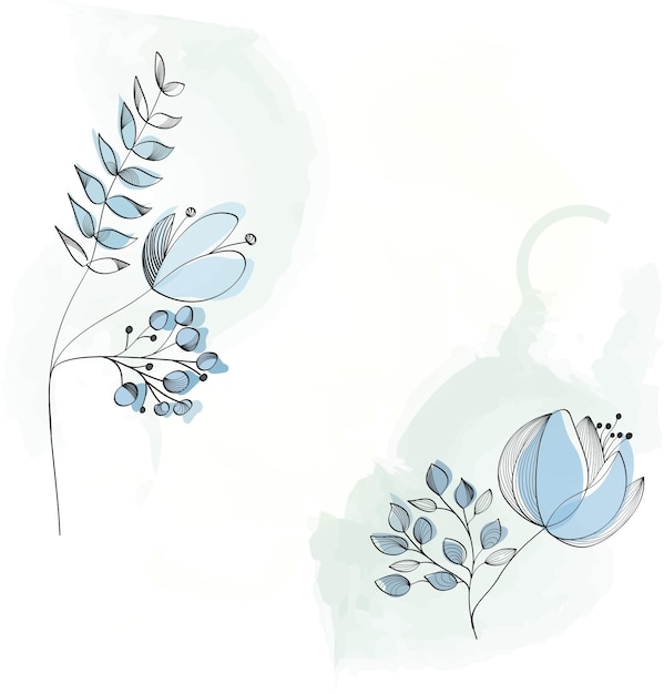 Aquarell minimalistische blaue Blumenhintergrundtapete mit Blättern, Blumen, Kräutern