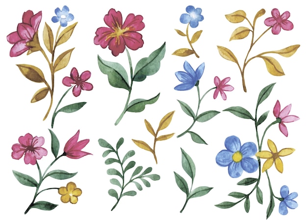 Aquarell mit leuchtenden Wildblumen und -zweigen
