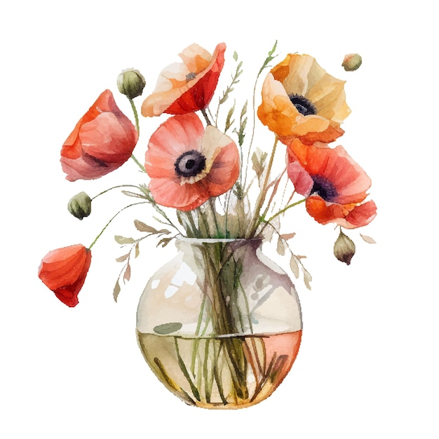 Aquarell Mohnblumen in Vase isoliert auf weißem Hintergrund