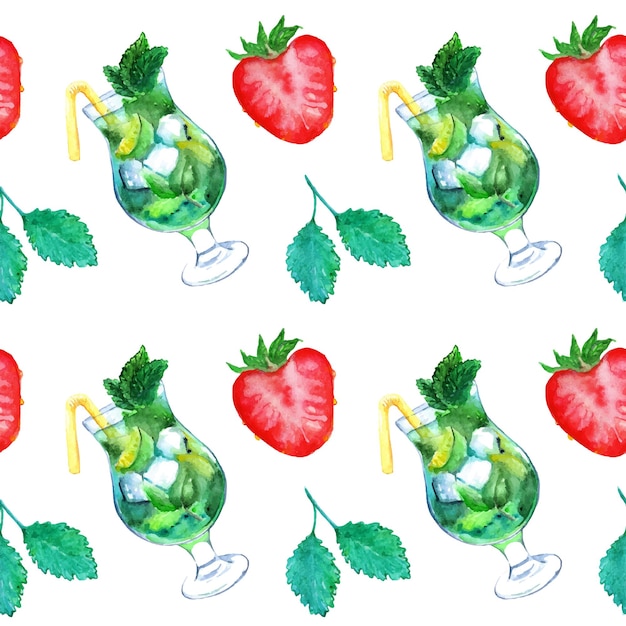 Aquarell-mojito-limetteneis-minz-erdbeer-cocktail nahtloser mustervektor