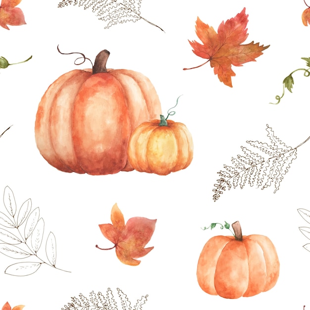 Aquarell musterdesign herbst auf weißem hintergrund. aquarell handbemalt mit kürbis- und ahornblattkunstdesign für dekoratives herbstfest, karten, tapeten; verpackung.