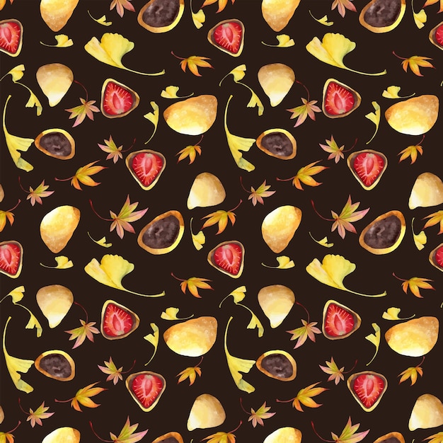 Aquarell nahtloses muster mit handgezeichneten traditionellen japanischen süßigkeiten wagashi mochi herbstahornblätter isoliert auf farbigem hintergrund einladungen restaurantmenü grußkarten drucken textil