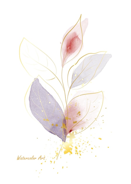 Aquarell natürliche Kunst-Einladungskarte aus goldenen sanften Blättern, die mit Goldspritzer verziert sind. Botanisches Aquarell der Kunst handgemalt lokalisiert auf weißem Hintergrund. Pinsel in Datei enthalten.