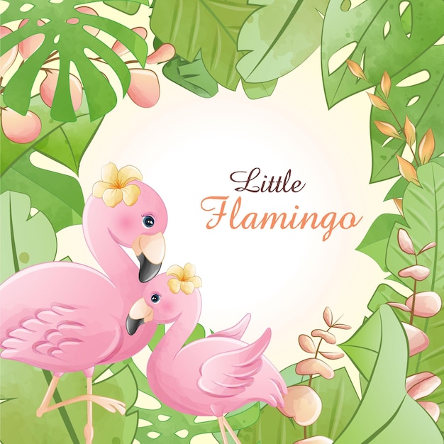 Vektor aquarell niedlichen cartoon kleinen flamingo mit blumen