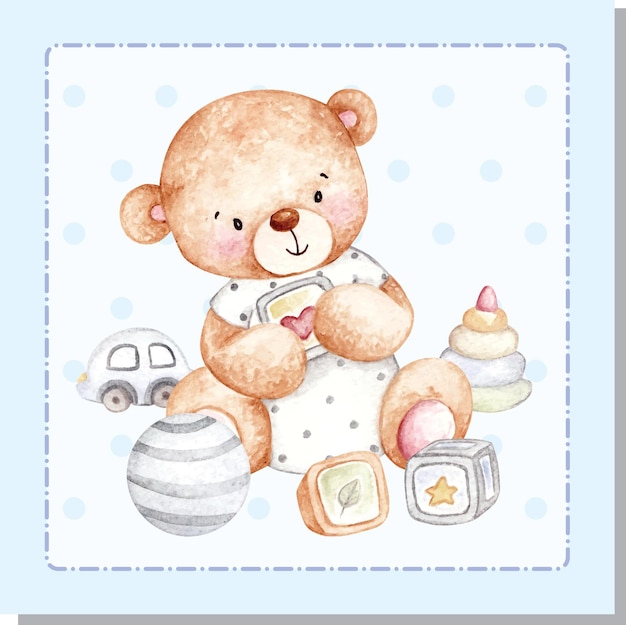 Aquarell niedlichen teddybär mit spielzeug