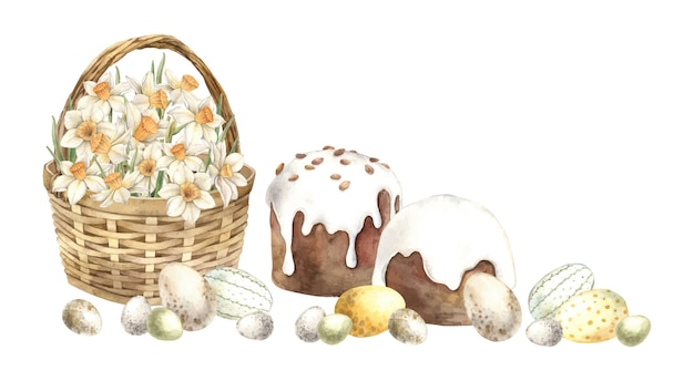 Vektor aquarell osterkomposition mit einem pflasterkorb narzissen osterkuchen und eiern hand gezeichnet