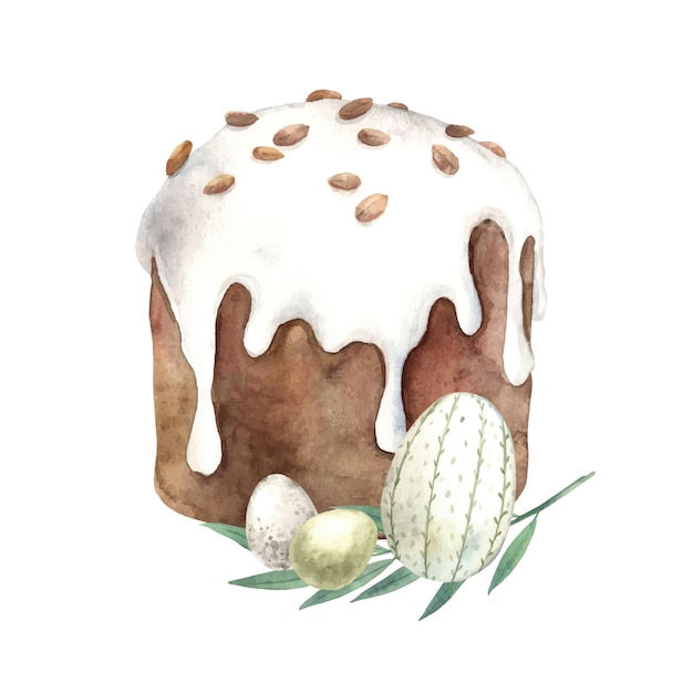 Aquarell osterkuchen mit dekor eiern und kräutern osterferien-illustration