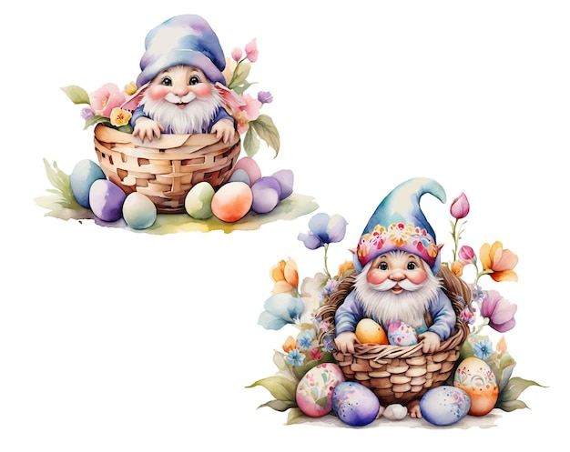 Vektor aquarell ostern-gnome mit blume und ostern-ei