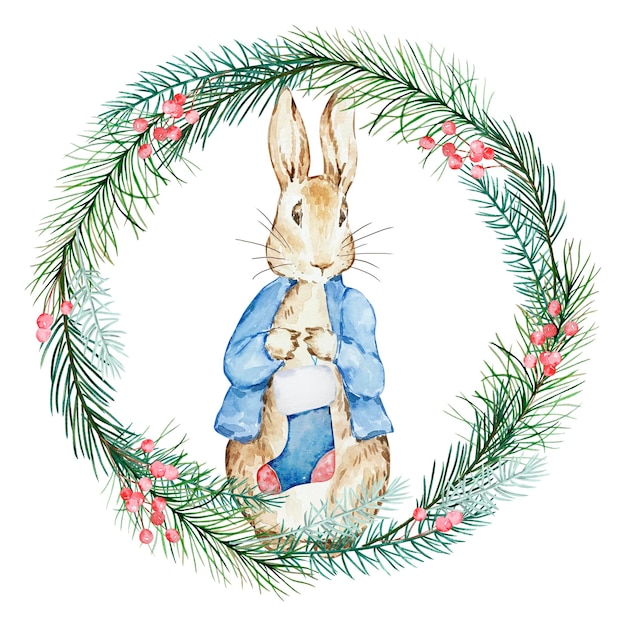 Aquarell Peter Rabbit mit Weihnachtsstrumpf und Wintergrünkranz