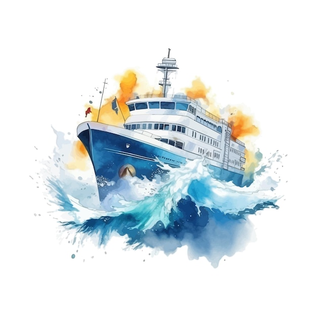 Vektor aquarell-riesenyacht schwimmt auf dem wasser im ozean und die wellen plätschern