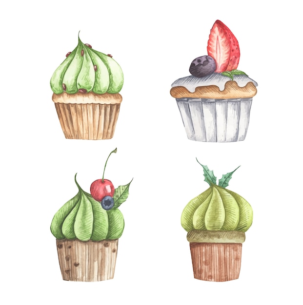 Aquarell-satz der verschiedenen cupcakes-illustration