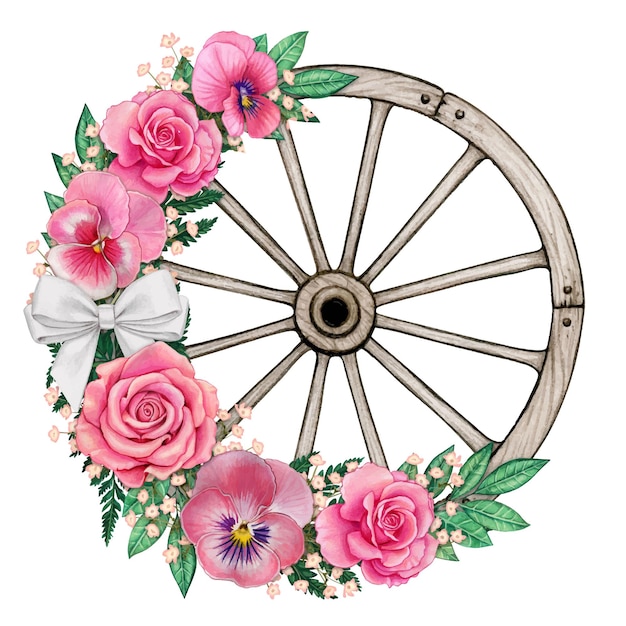 Aquarell schäbiges Country Wheel mit rosa Rosen und Pfannen