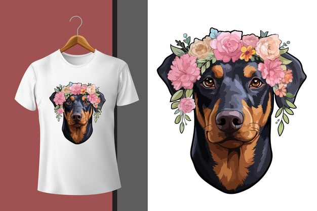 Vektor aquarell schöne hund mit blumen t-shirt design