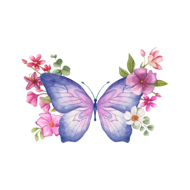 Aquarell schöne Schmetterlingsdekoration mit floralen Elementen