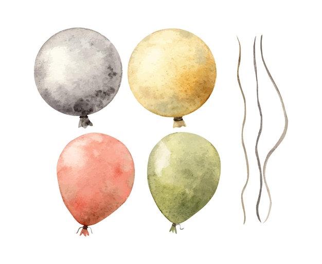 Aquarell-Set mit mehrfarbigen Ballons Handgezeichnete Illustration auf isolierten Hintergrund für Karten