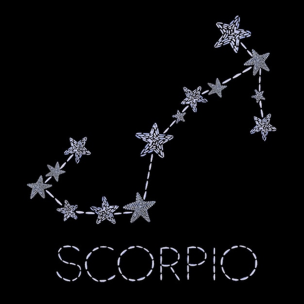 Vektor aquarell-skorpion-tierkreis-symbol mit linie und sternen und schriftzug. gestickter sternzeichen in blauer farbe