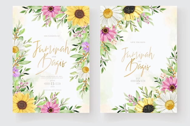 Aquarell sonnenblume und gänseblümchen hochzeitseinladungskartenset