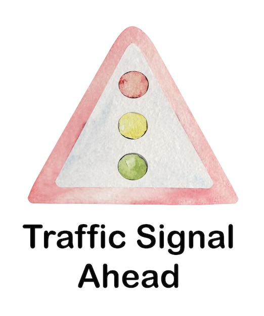 Aquarell Straßenschild Illustration von rot-weißen dreieckigen Warnzeichen Ampel voraus