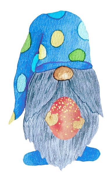 Aquarell süße Osterzwerge in Blau mit bunten Eiern auf weißem Hintergrund