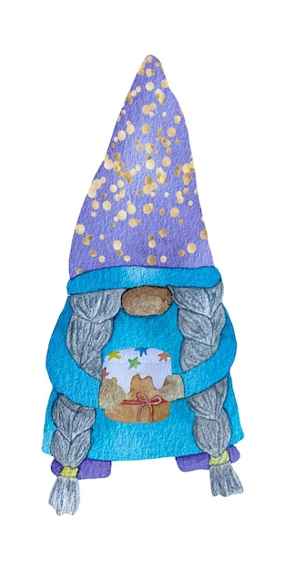 Aquarell süße Osterzwerge in Blau mit Osterkuchen auf weißem Hintergrund