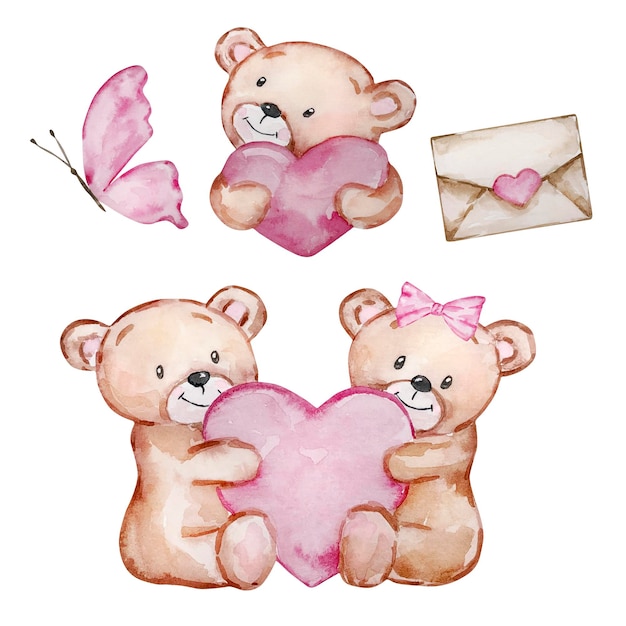 Vektor aquarell süße teddybären valentinstag