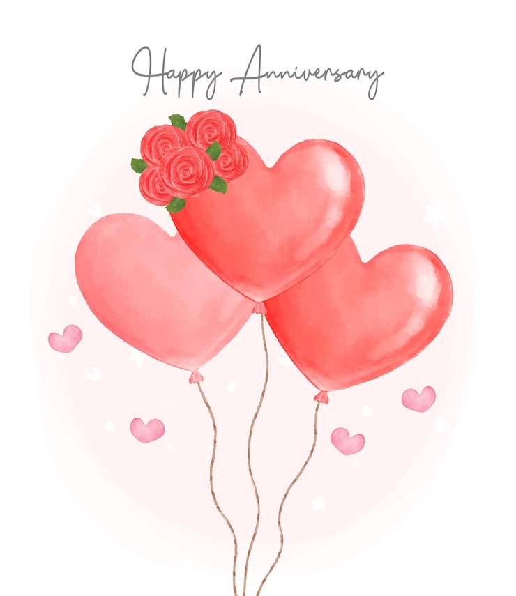 Vektor aquarell süßer strauß roter luftballons zum valentinstag, herzform mit strauß roter rosen, alles gute zum jubiläum, grußkarte, handzeichnung, illustrationsvektor